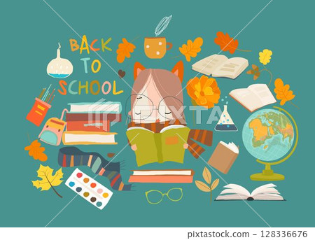 Cartoon Set with Cute Girl and School Supplies Cartoon Set with Cute Girl and School Supplies 128336676
