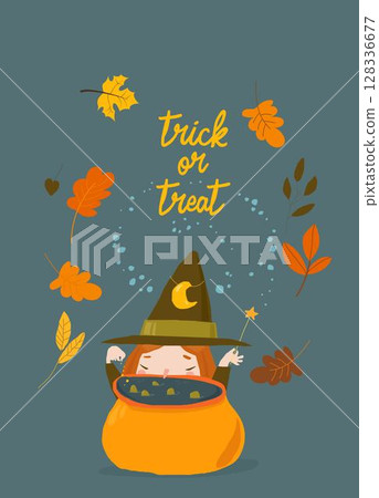 Cute Little Witch brewing a Potion in Cauldron 128336677