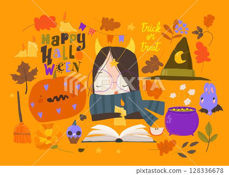Cartoon Halloween Set with Little Witch and Holiday Elements 128336678