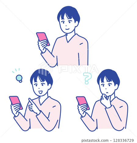 一名年輕男子使用智慧型手機的插圖 128336729