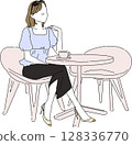 Woman spending time at a cafe Summer blouse coordination Terrace seat illustration 128336770