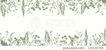 Banner with border meadow flowers and grass, green ink silhouette. Herbal background. Herbarium.  128336784