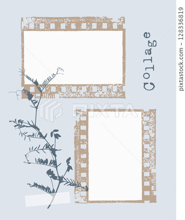 Photobook collage vintage template with film frame, scrapbooking, botanical imprint plant. 128336819