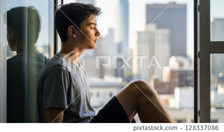 Thoughtful Young Asian Teen Meditating by Window with City Skyline Reflection Thoughtful Young Asian Teen Meditating by Window with City Skyline Reflection 128337086