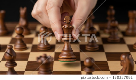 Wooden Chess Piece King Being Moved on Chessboard with Hand Positioning Strategic Move Wooden Chess Piece King Being Moved on Chessboard with Hand Positioning Strategic Move 128337091