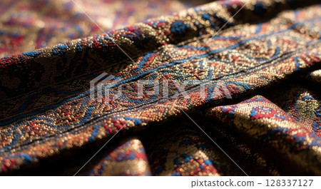 Intricate Metallic Brocade Fabric Texture Macro Close Up with Shimmering Gold Blue Red Threads Intricate Metallic Brocade Fabric Texture Macro Close Up with Shimmering Gold Blue Red Threads 128337127