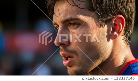 Sweaty European Athlete in Blue and Red Jersey Intense Profile Close Up Sweaty European Athlete in Blue and Red Jersey Intense Profile Close Up 128337146