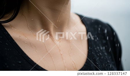 Sweaty Skin Neck Collarbone Closeup with Water Droplets on Black Shirt 128337147
