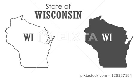 Wisconsin. The outline and silhouette of the state with the abbreviated abbreviation of the name. The state border. A template for the design of printed products 128337194
