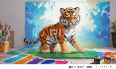 Tiger playing with paint 128337830