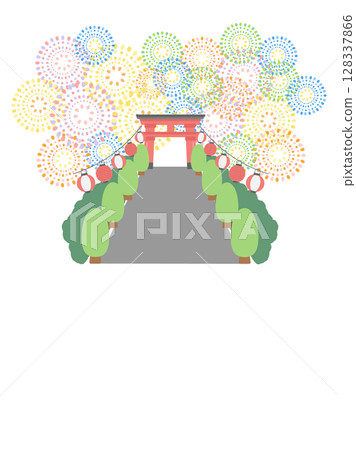 Fireworks, lanterns, shrine, torii gate, summer festival, frame, illustration 128337866