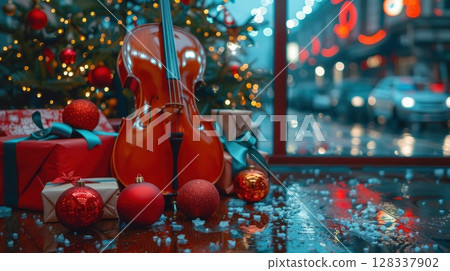 A festive holiday scene with a charming cello and Christmas decorations, evoking joy and warmth 128337902