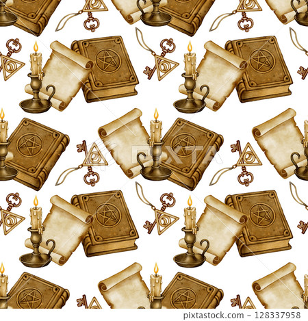 Seamless pattern with magic book, candle, scroll Seamless pattern with magic book, candle, scroll 128337958