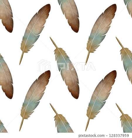 Seamless pattern with brown and blue feathers Seamless pattern with brown and blue feathers 128337959