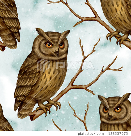 Seamless pattern with owl on tree branch Seamless pattern with owl on tree branch 128337973