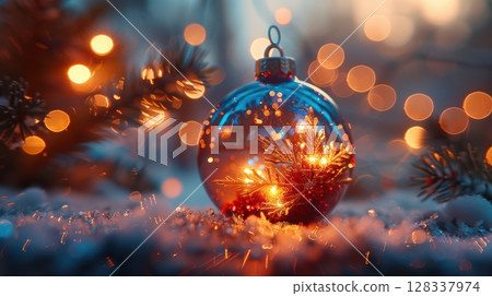 A Beautiful Christmas Ornament radiating Warm Lights amidst Frosty and Charming Surroundings 128337974