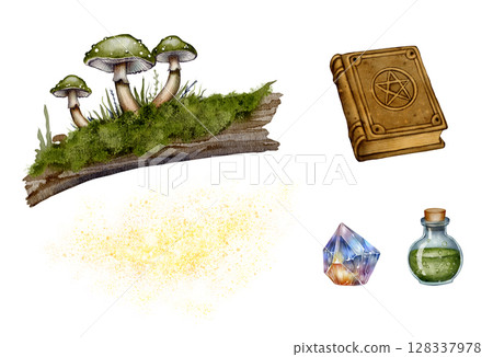 set of Magic book with mushrooms and potion set of Magic book with mushrooms and potion 128337978