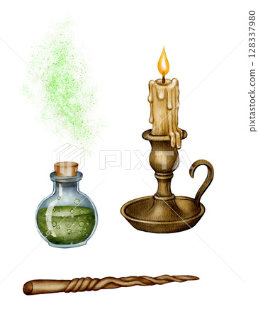 Magic potion bottle with candle and wand 128337980