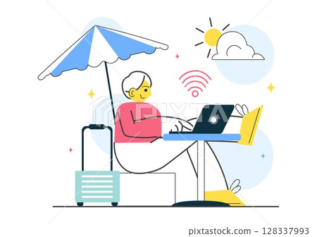 Digital Nomad Lifestyle Vector Illustration Featuring People Working Remotely While Traveling and Enjoying a Holiday in a Flat Style Background Digital Nomad Lifestyle Vector Illustration Featuring People Working Remotely While Traveling and Enjoying a Holiday in a Flat Style Background 128337993