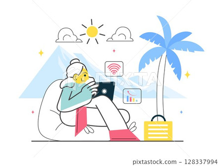 Digital Nomad Lifestyle Vector Illustration Featuring People Working Remotely While Traveling and Enjoying a Holiday in a Flat Style Background 128337994