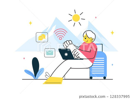 Digital Nomad Lifestyle Vector Illustration Featuring People Working Remotely While Traveling and Enjoying a Holiday in a Flat Style Background 128337995