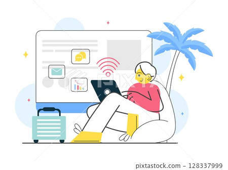 Digital Nomad Lifestyle Vector Illustration Featuring People Working Remotely While Traveling and Enjoying a Holiday in a Flat Style Background Digital Nomad Lifestyle Vector Illustration Featuring People Working Remotely While Traveling and Enjoying a Holiday in a Flat Style Background 128337999