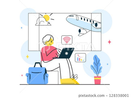 Digital Nomad Lifestyle Vector Illustration Featuring People Working Remotely While Traveling and Enjoying a Holiday in a Flat Style Background 128338001