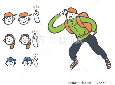 表情明亮的登山者臉部表情集庫存插圖素材 128338020