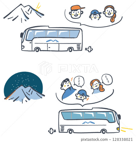 搭乘巴士登山：精力充沛的去程和疲憊的回程 - 庫存插圖集 128338021