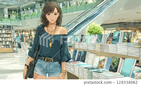 一位女士在書店挑選書籍的插畫素材 128338062