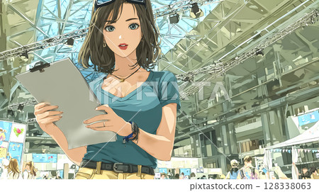 活動會場女工作人員進行指示的插畫素材 128338063