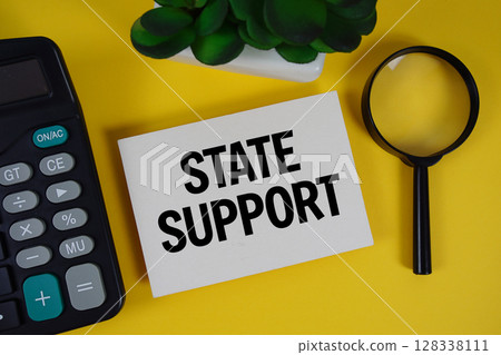 State Support text with magnifying glass anc calculator on yellow background 128338111