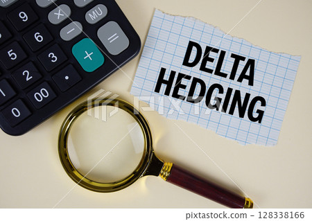 Delta Hedging text with magnifying glass anc calculator on yellow background Delta Hedging text with magnifying glass anc calculator on yellow background 128338166