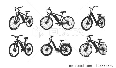 Electric bicycle silhouette, E-bike silhouettes, Electric bike svg, E-bike svg, Electric bicycle svg, Electric bike vector set 128338379