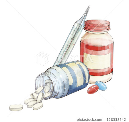Composition with jars of pills and thermometer. Tablets scattered from a bottle on a white background. Isolated watercolor illustration with outline. Medicine and pharmacology concept. 128338542