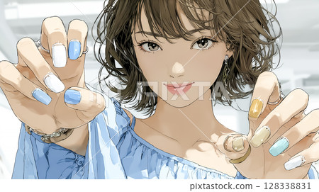 Illustration of a woman showing off her beautifully painted nails 128338831