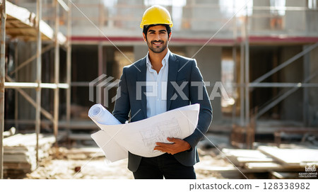 Workers checking blueprints at a construction site 128338982