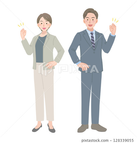 男性和女性辦公室職員做拳頭泵動作 男性和女性辦公室職員做拳頭泵動作 128339055