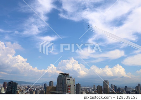 Summer in Osaka, Blue Impulse flying in the summer sky, Kansai Expo held under the sky of Osaka, thank you Blue Impulse Summer in Osaka, Blue Impulse flying in the summer sky, Kansai Expo held under the sky of Osaka, thank you Blue Impulse 128339155