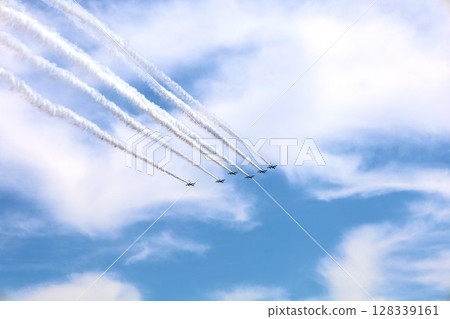 Summer in Osaka, Blue Impulse flying in the summer sky, Kansai Expo held under the sky of Osaka, thank you Blue Impulse Summer in Osaka, Blue Impulse flying in the summer sky, Kansai Expo held under the sky of Osaka, thank you Blue Impulse 128339161