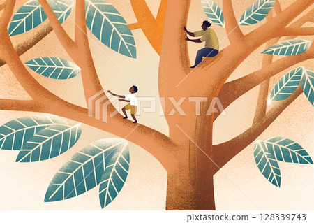 Man and boy climbing on the branches of a giant tree 128339743