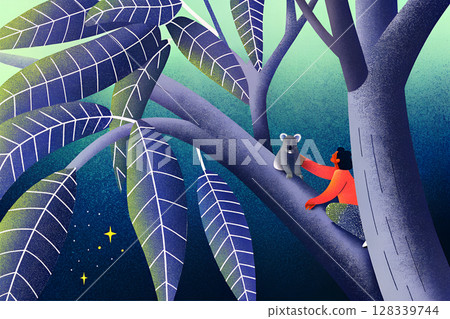Man petting a koala on a giant eucalyptus tree Man petting a koala on a giant eucalyptus tree 128339744