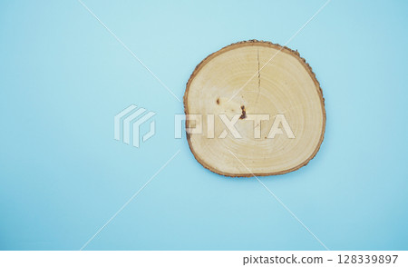 wooden podium product display stands flat lay on blue background 128339897