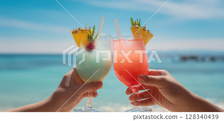 Two hands toasting with vibrant, refreshing cocktails against a backdrop of a clear blue sky and the sparkling ocean, perfect for themes of summer, celebration, and tropical vacations 128340439