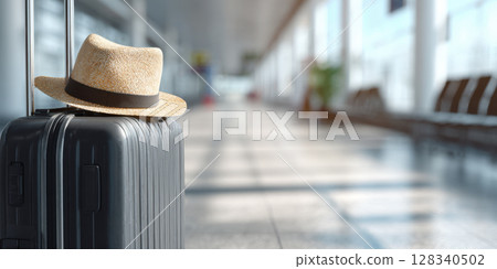 Close-up of travel luggage and a hat at an airport, symbolizing anticipation for departure and the excitement of journeys and global travel, with a blurred modern terminal background 128340502