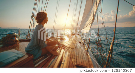 Embrace the tranquility of the open water as the sun dips below the horizon, casting a golden glow over yacht. A woman finds peace and reflection, enjoying the serene beauty of a maritime adventure 128340507