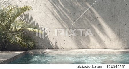 Minimalist Oasis: Serene Swimming Pool with Concrete Wall and Palm Shadows, Perfect for Modern Tropical Retreats and Relaxing Summer Escapes Minimalist Oasis: Serene Swimming Pool with Concrete Wall and Palm Shadows, Perfect for Modern Tropical Retreats and Relaxing Summer Escapes 128340561