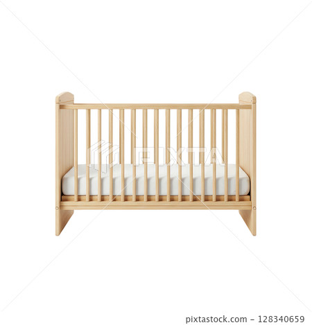 Modern natural wooden baby crib with vertical slats and a white mattress 128340659