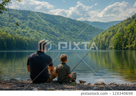 Man and boy fishing on the lake 128340699