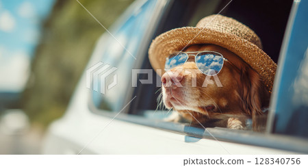 This delightful image captures a trendy dog sporting a straw hat and aviator sunglasses, with its head out the car window, embodying the spirit of summer, travel, and carefree pet adventures 128340756